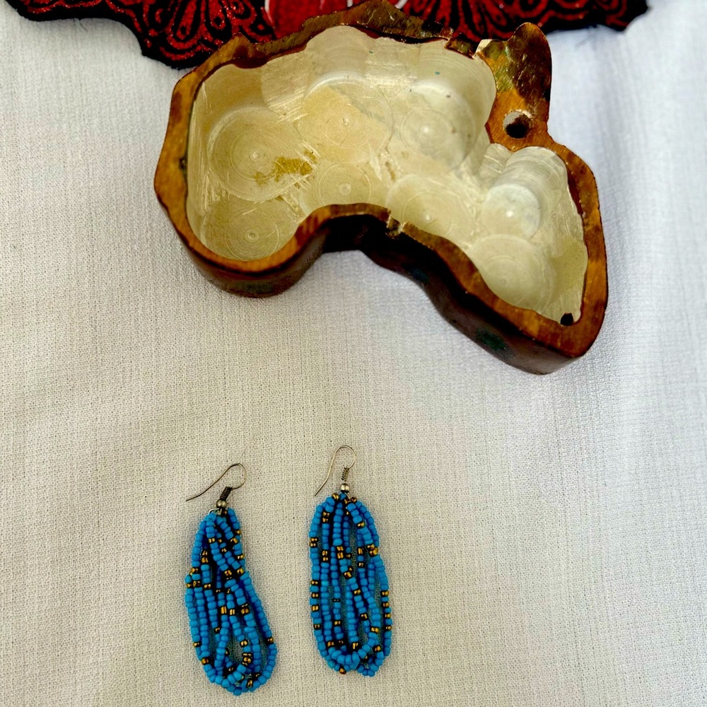 Beautiful blue beaded earrings hand made in Kenya